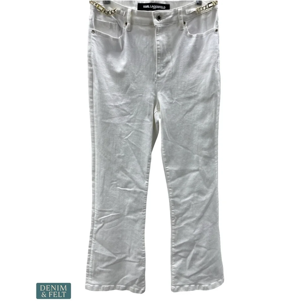 NEW Karl Lagerfeld Paris White Straight Leg Jeans Gold Chain Detail High Rise - Picture 3 of 9
